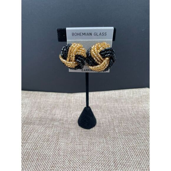 Bohemian Crystal Clip On Earrings Black Hold Knot Style - Picture 1 of 4